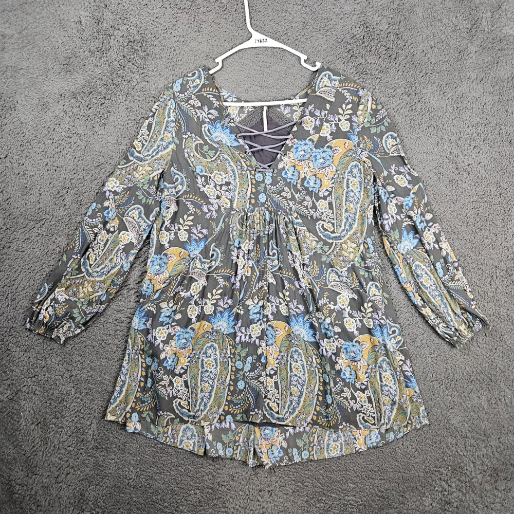 Free People Paisley Floral Lace Up Boho Peasant Blouse Gray Blue Small